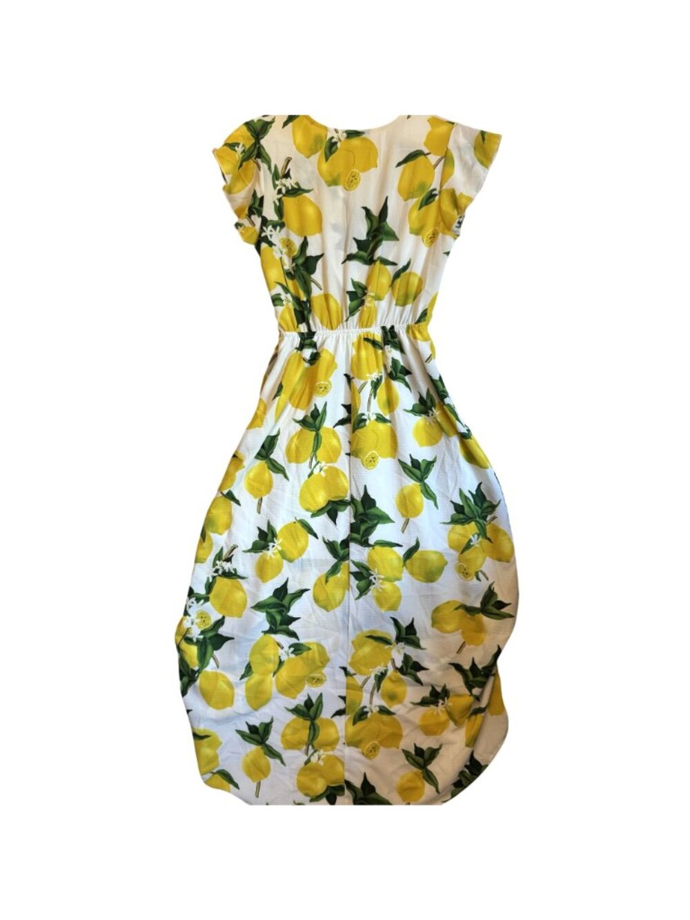 Dream Of Me Lemon Print High/Low Faux Wrap Dress Cap Sleeves Elastic Waist M - Picture 5 of 12